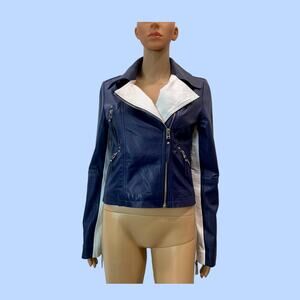 Vintage Cache Y2K Leather Moto Jacket Women S | Navy White Color Block